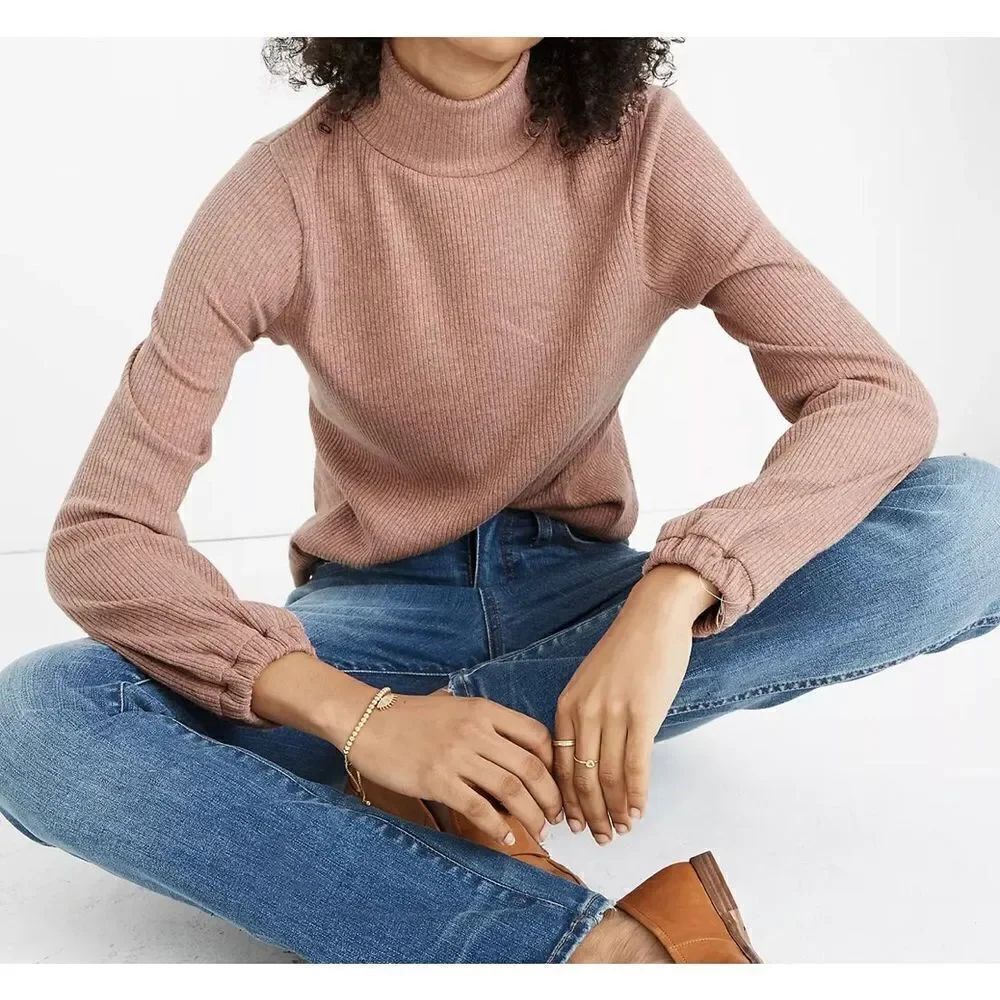 Madewell Womens Turtleneck Top Ribbed Knit Heathered Rose Size XL